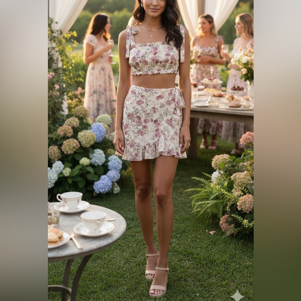 Lulu's Going Bloom Floral Mini Skirt Crop Top Set